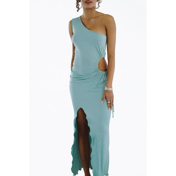 NEW SOAH dhalia one-shoulder ribbed cutout midi dress in turquoise - Picture 1 of 2